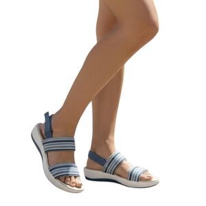 Clarks Cloudsteppers Sandals Womens Size 10 Blue White Striped Slingback Wedge